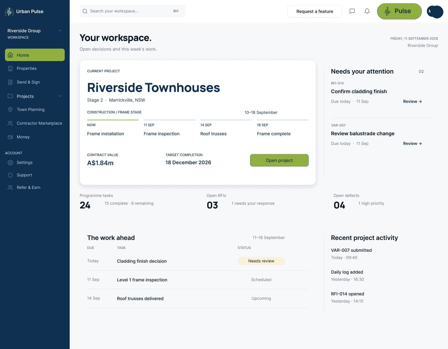 The Urban Pulse workspace: portfolio overview across documents, projects, planning applications, trade jobs, and recent activity.